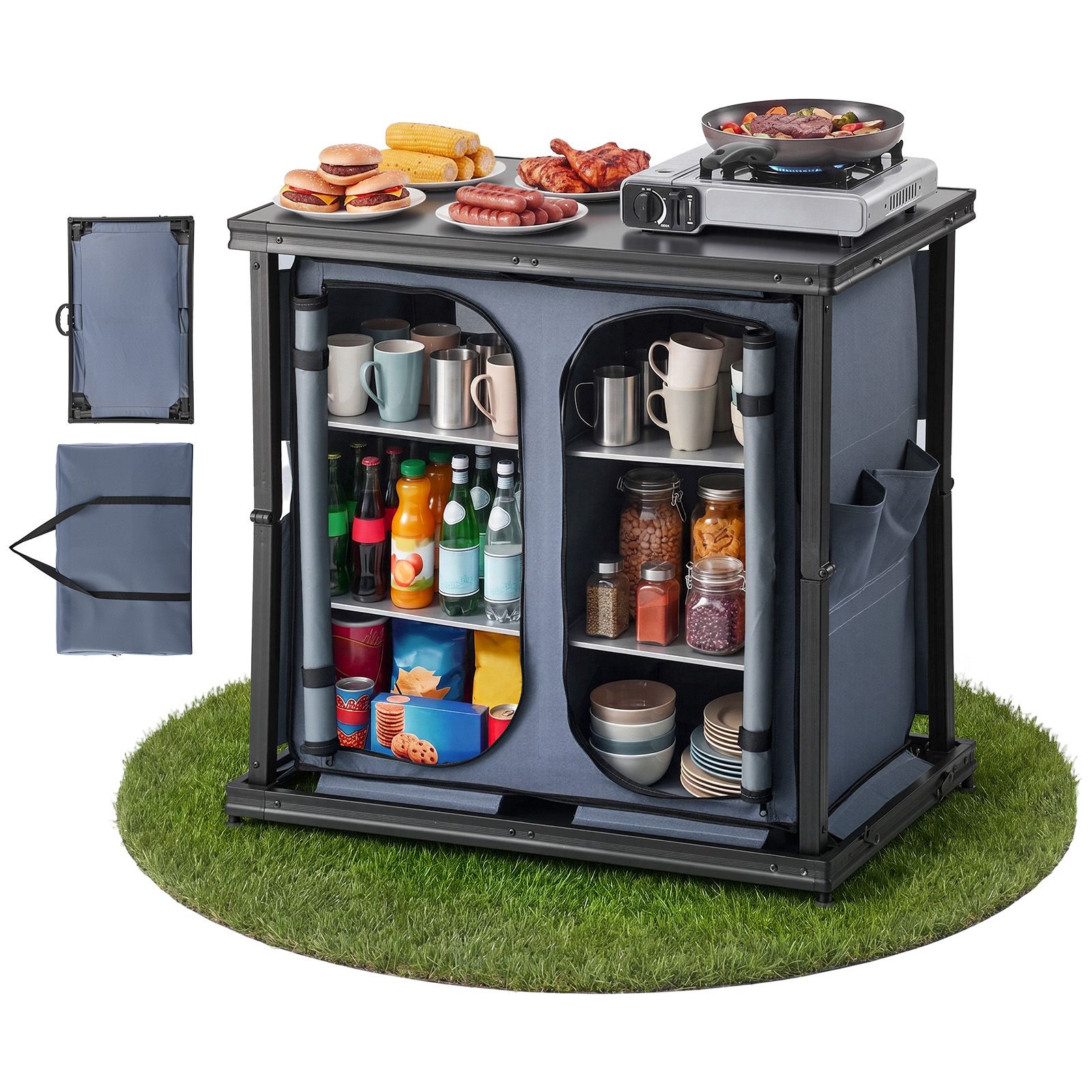Camping Cooking Table With Storage - Klappbarer Camping-Aufbewahrungsschrank, Tragbarer Leichter Aluminium-Tisch für