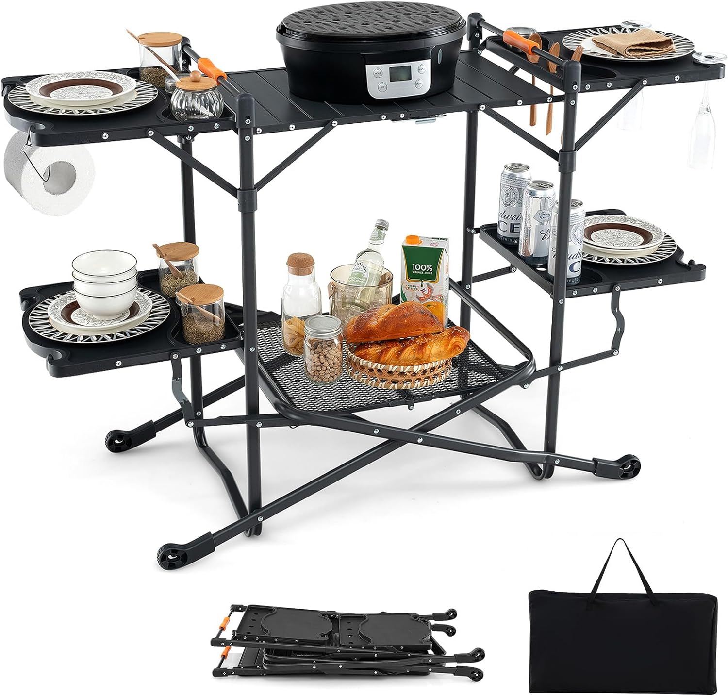 Camping Cooking Table With Storage - Tragbarer Camping-Kochtisch mit Aluminiumplatte, 4 Beistelltischen,