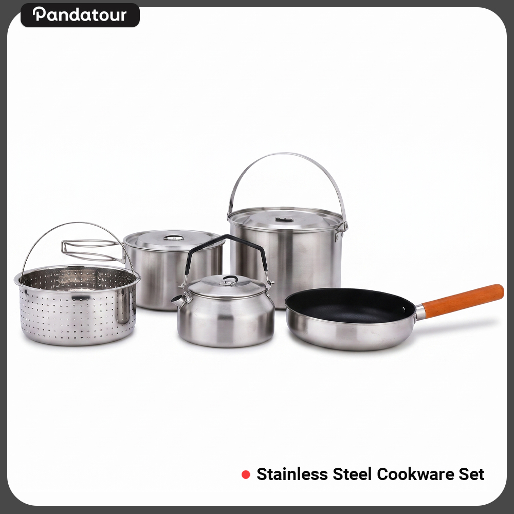 Camping Cooking Pan - Pandatour Outdoor Camping 5-teiliges Edelstahl-Kochgeschirr-Set, faltbar,