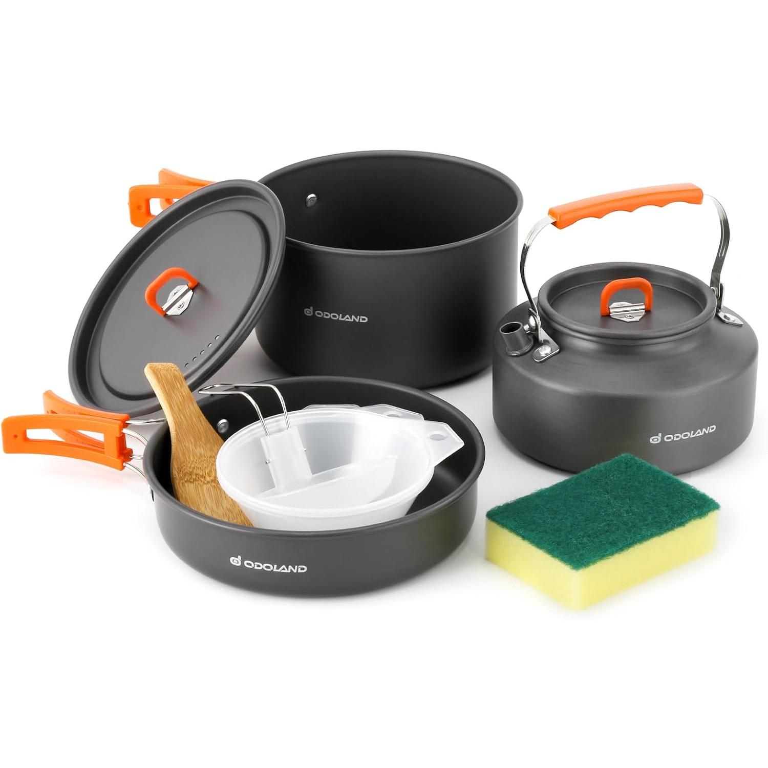 Camping Cooking Set 2 Person - Odoland 10-teiliges Camping-Kochgeschirr-Set mit Wasserkocher, Plastikschüsseln