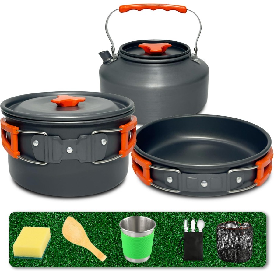 Camping Cooking Kit - Camping-Kochgeschirr-Set: 35oz Antihaft-Topf + 59oz Bratpfanne,