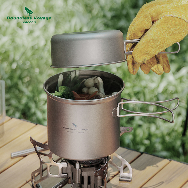 Camping Cooking Frying Pan - Reines Titan Faltbarer Kochtopf + Bratpfannen-Set,