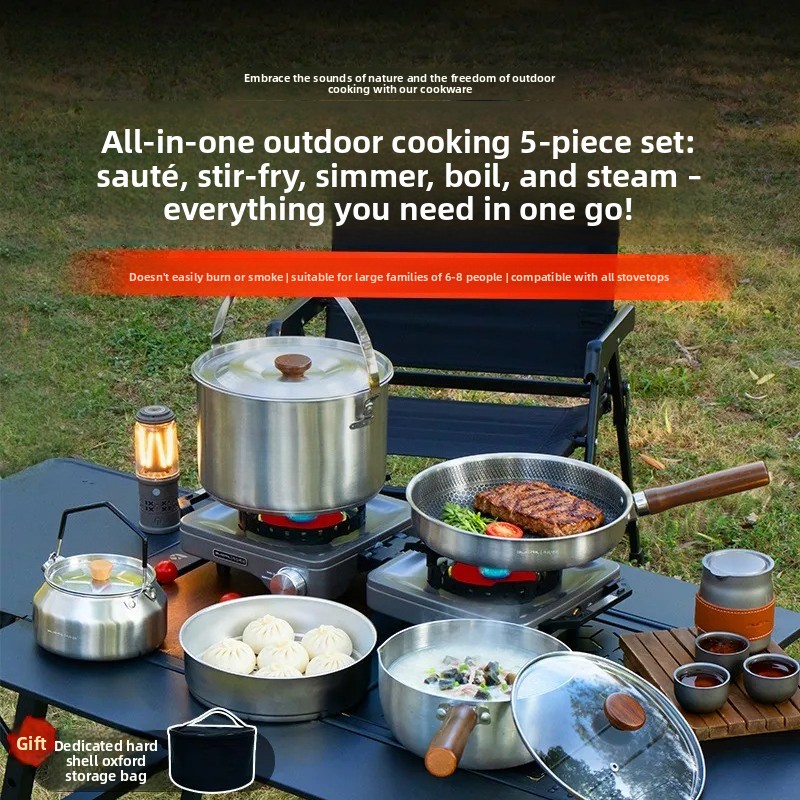 Camping Cooking Frying Pan - Tragbares Camping-Kochgeschirr-Set Multifunktionaler Kassettenherd Kochtopf Wasserkocher
