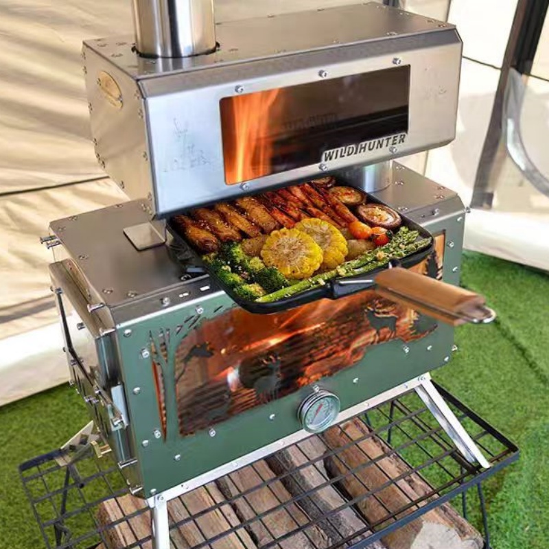 Camping Cooking Stove - Camping-Holzofen mit 2-Seiten-Feuerbeobachtung Heizofen mit Schornstein