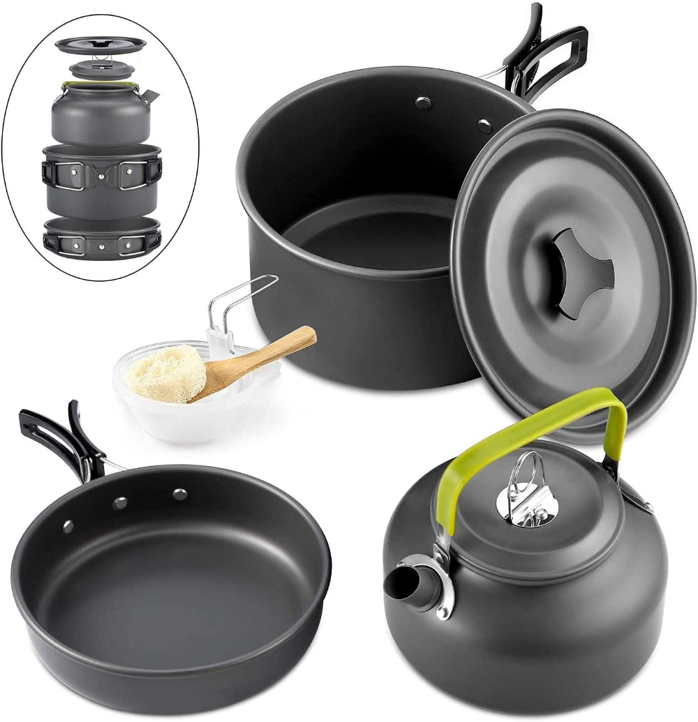 Camping Cooking Set 2 Person - Outdoor Camping Kochgeschirr-Set Aluminium Antihaft-Topf Tragbares