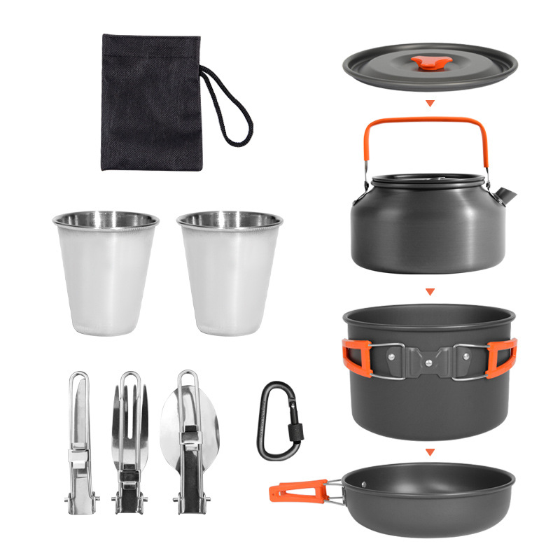 Camping Cooking Set 2 Person - Outdoor-Camping-Kochgeschirr-Set für 2-3 Personen, tragbares Aluminium-Kit